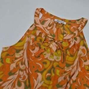 Rose + Olive Orange Green Paisley Halter Blouse Tassel Tie Blouson Top Large